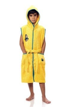 Köpekbalığı Nakışlı Sarı Kolsuz Bornoz